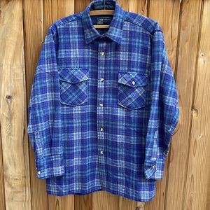 Vintage Wool Flannel Shirt Blue Blue Plaid Men's Size Medium Pendleton Style